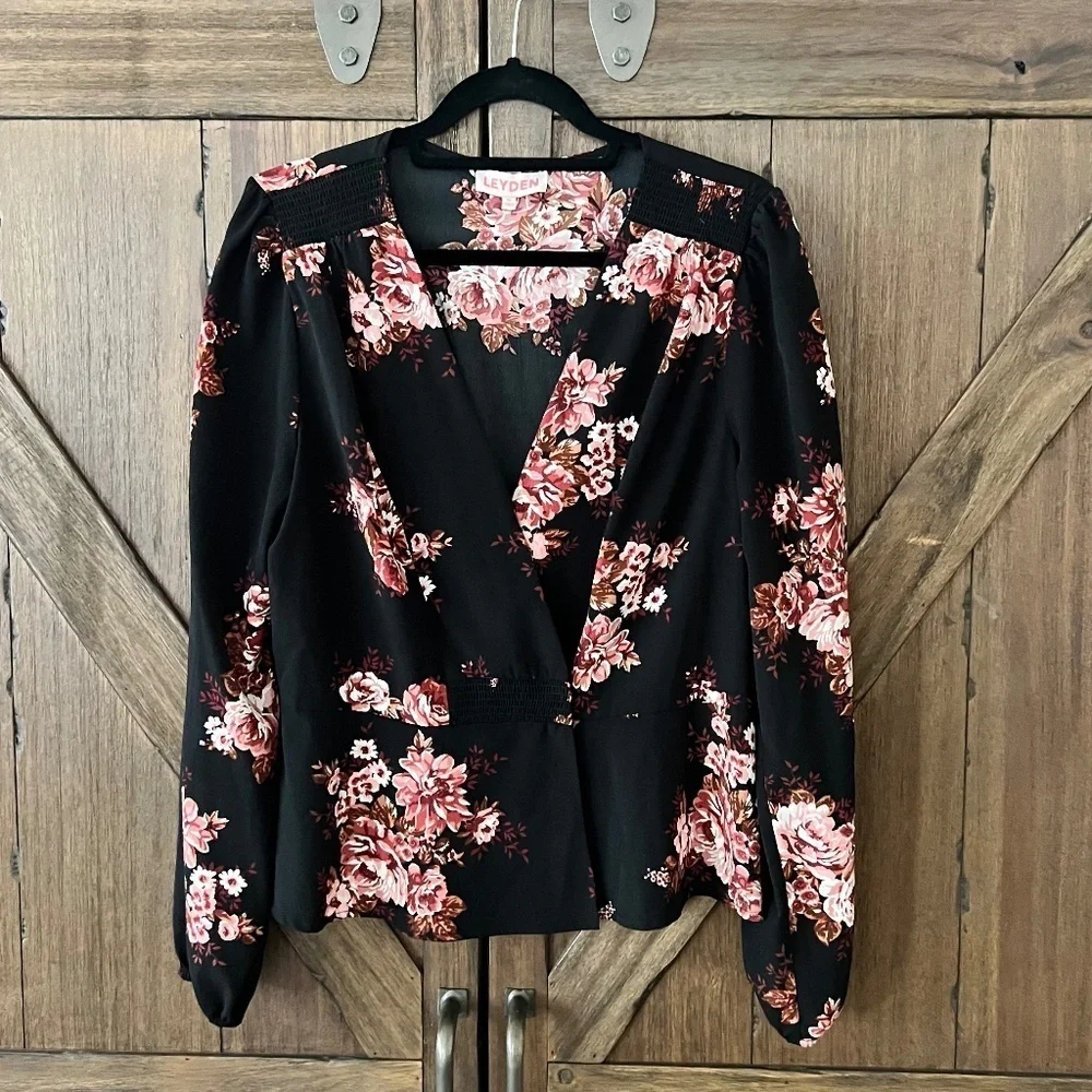 Leyden Floral-Print Faux Wrap Blouse Black/Pink/White Size XL EUC